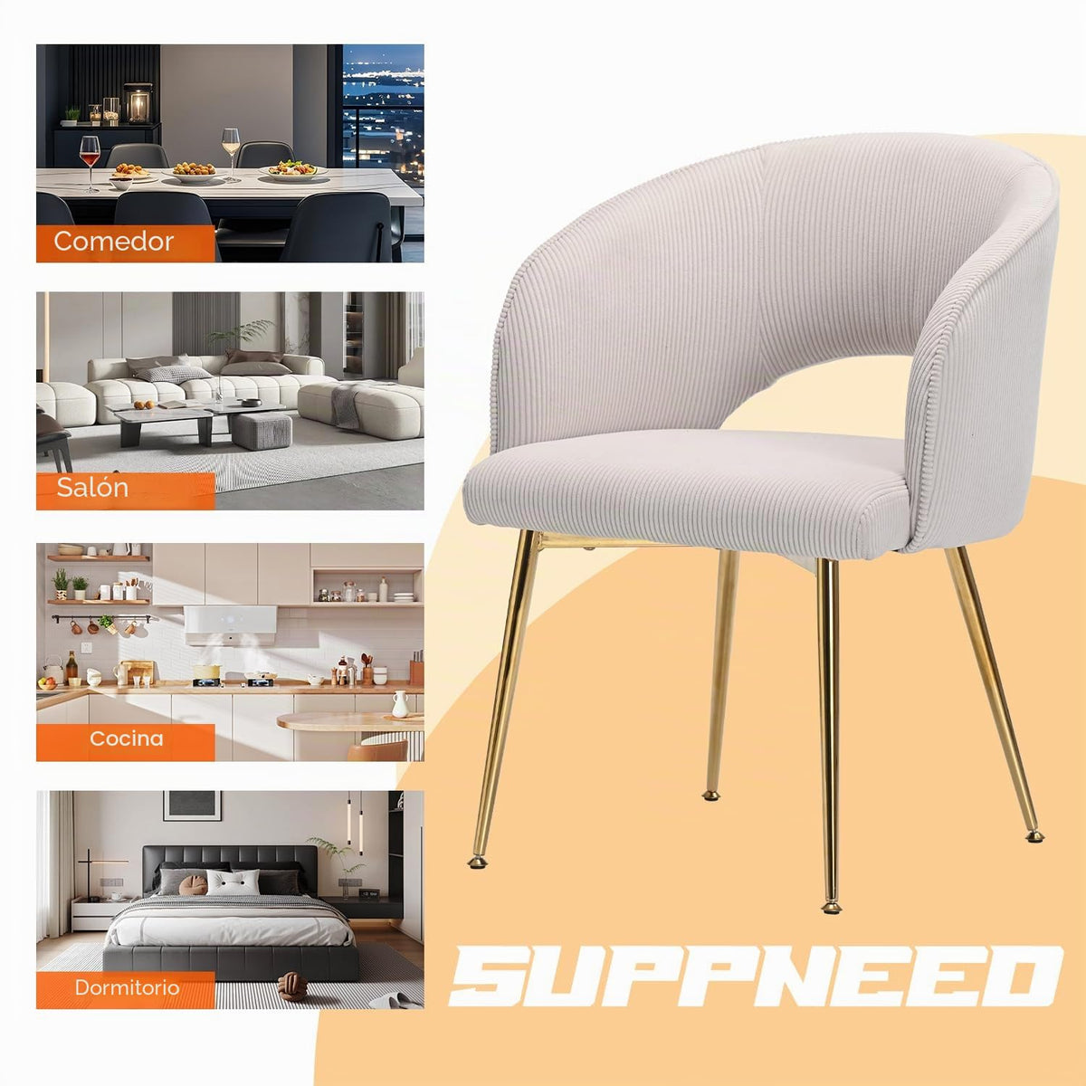 Juego de 6 sillas de comedor de terciopelo, sillas tapizadas con reposabrazos, patas doradas, sillas de cocina, para salón, dormitorio, oficina (6, blanco crema)