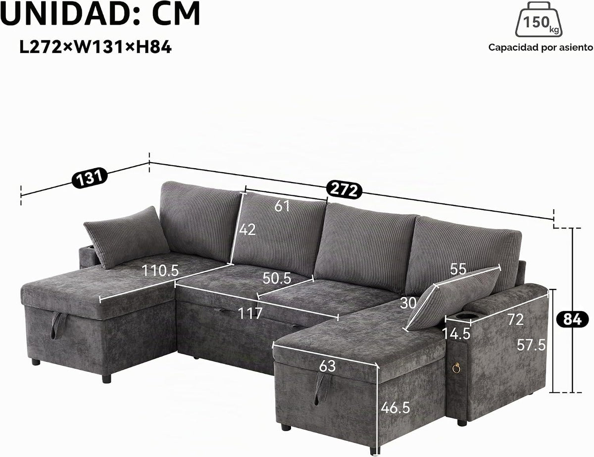 Kebnor Sofá cama de cuatro plazas en forma de U con soporte para bebidas, sofá de esquina con espacio de almacenamiento y función de descanso. Incluye soporte para bebidas y almohadas. Sofá