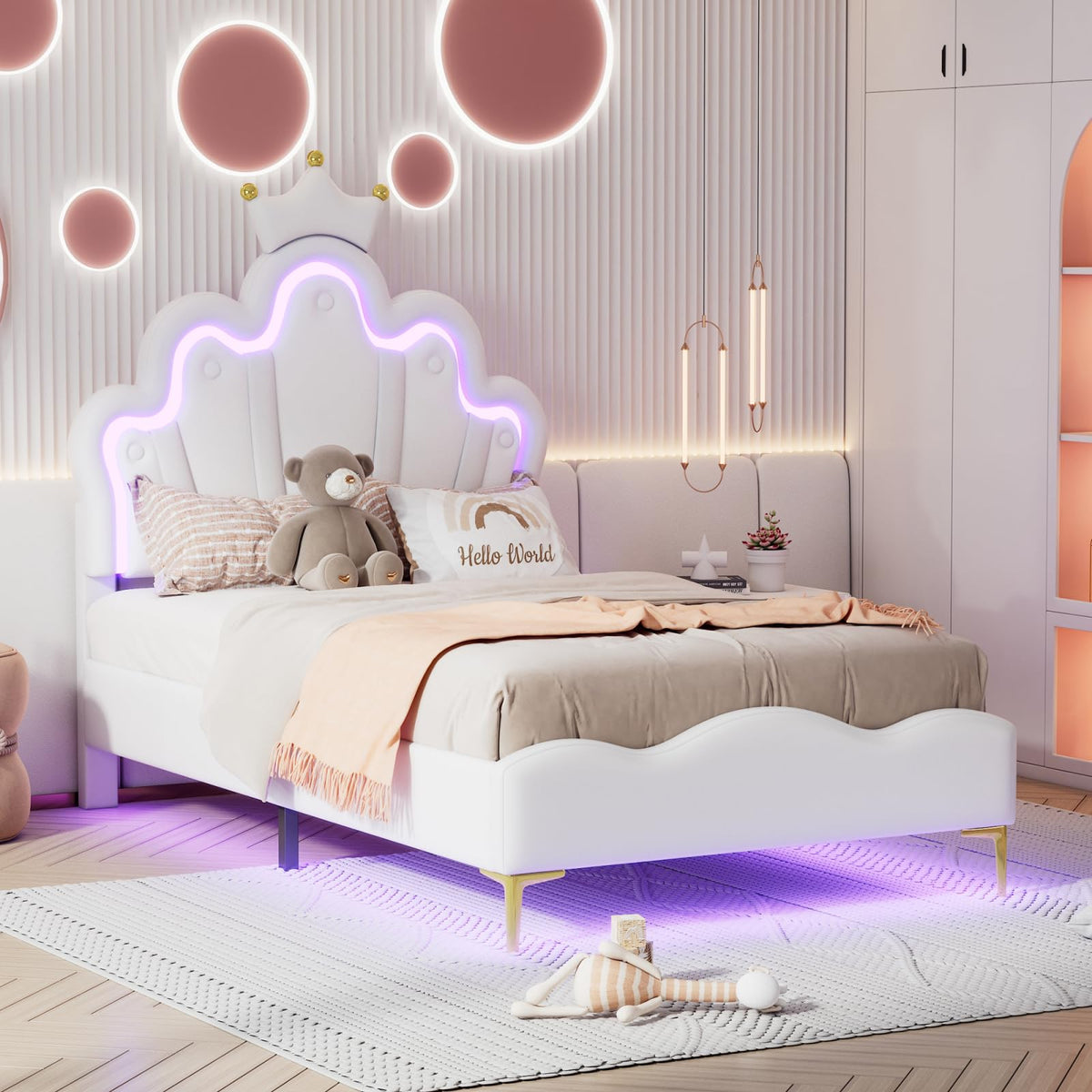 LIVLUX Cama Tapizada 90 x 200 cm, Cama Princesa con Cabezal LED Ajustable y Somier de Lamillas, Cama para Niña, Diseño en Forma de Corona para Niños y Adolescentes (Rosa, 90 x 200 cm)