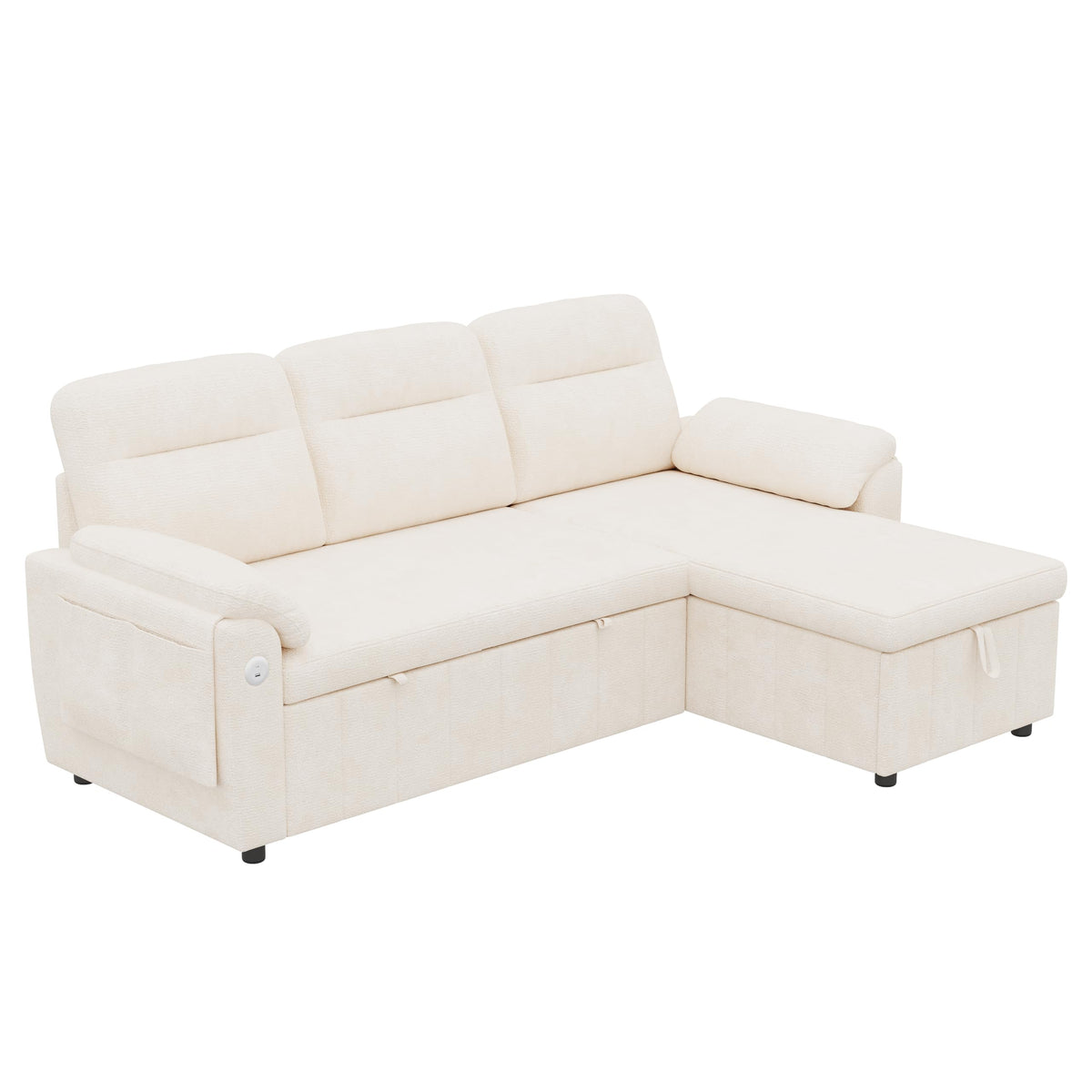 Sofá modular de 3 plazas con función cama extensible y USB/Type-C, sofá esquinero en forma de L con reposacabezas semifijos y compartimento de almacenamiento, sofás con chaise longue