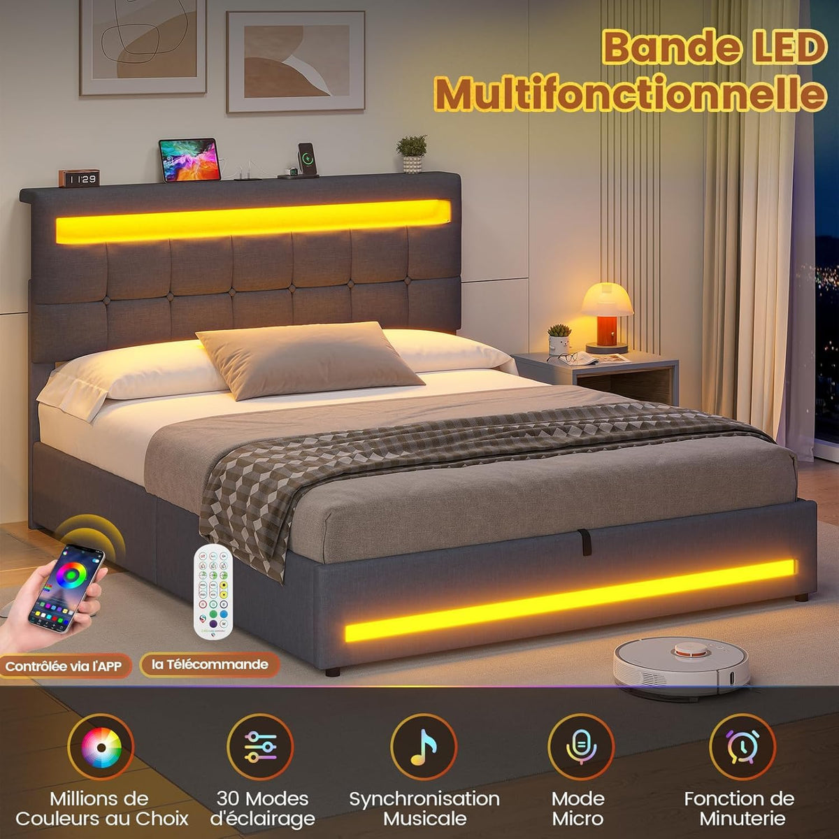 AOGLLATI Camas Matrimoniales 140x190 cm con Almacenamiento Hidráulico, Cama Canapé con Cabecero Ajustable, Estructura de Cama con Luces LED y Estación de Carga (USB y Tipo-C), Gris Oscuro