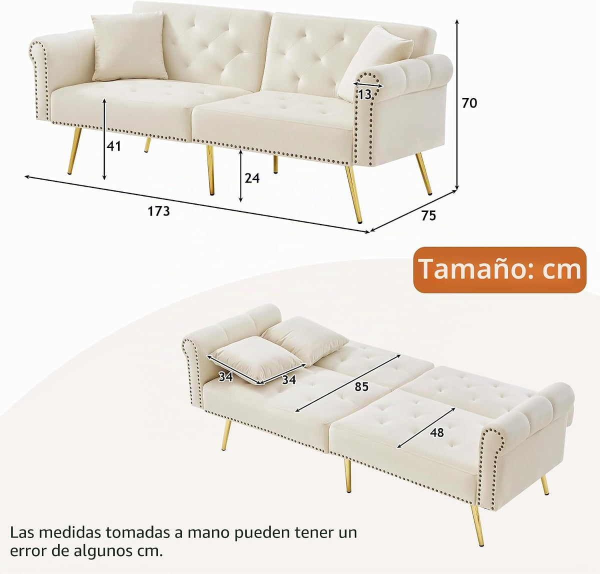 Sofá cama moderno de 2 plazas, tapizado en terciopelo, respaldo ajustable en 3 niveles y patas de metal doradas, elegante sofá con función de dormir, ahorra espacio, resistente, 173 x 75 x 70 cm