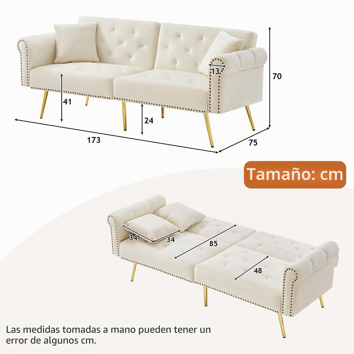 Sofá cama con esquinas ajustables, patas doradas, almohadas y bolsillos laterales para almacenamiento (Bavia)
