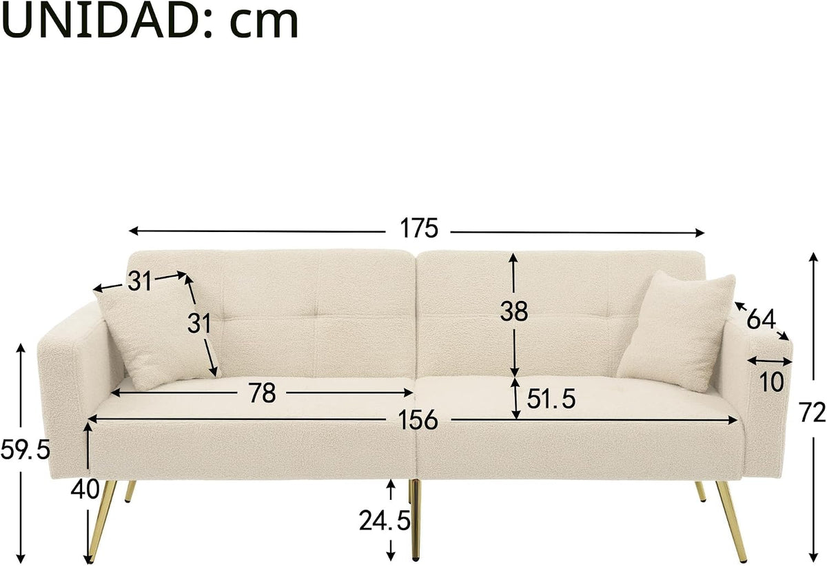 Sofá cama con esquinas ajustables, patas doradas, almohadas y bolsillos laterales para almacenamiento (Bavia)