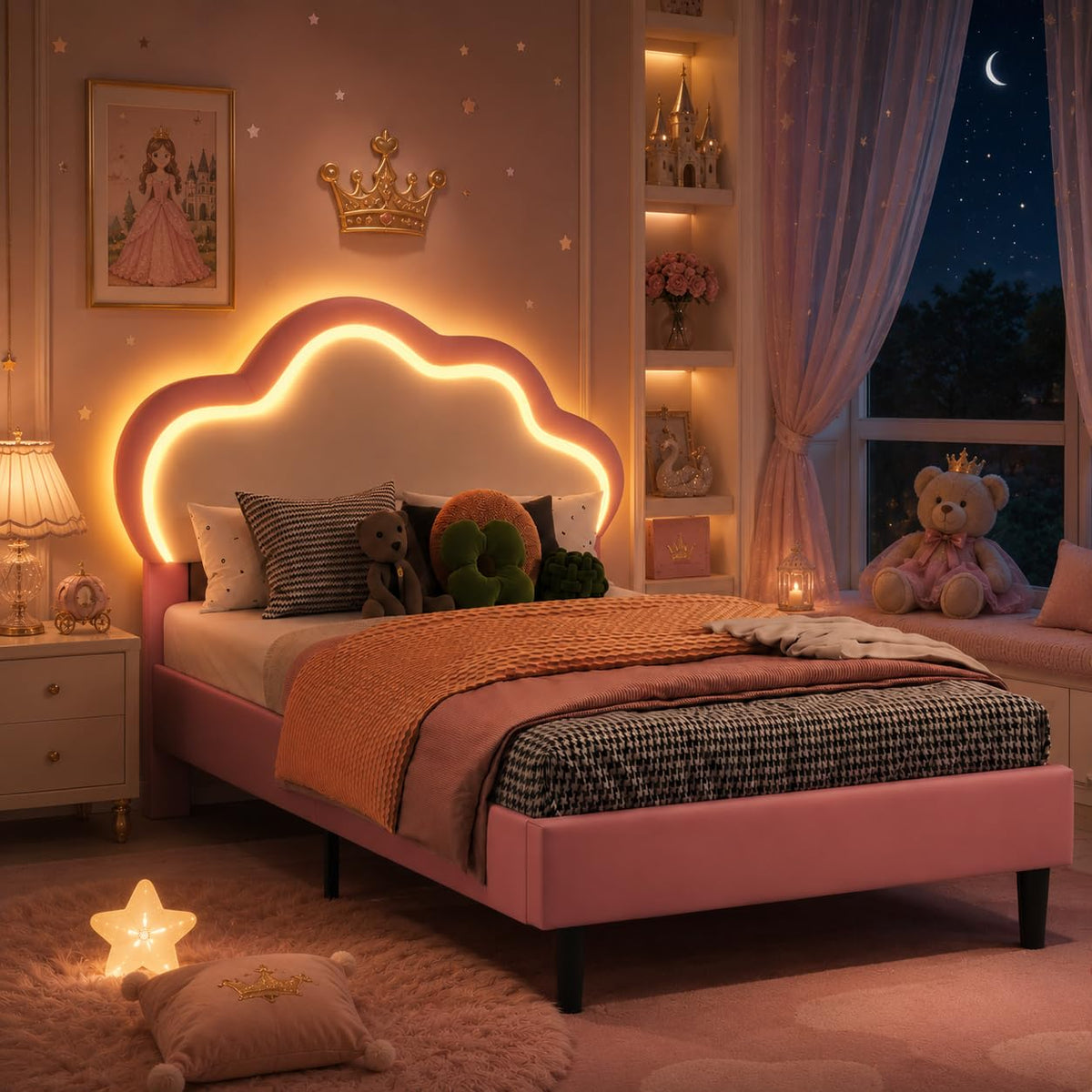 LIVLUX Cama Tapizada 90 x 200 cm, Cama Princesa con Cabezal LED Ajustable y Somier de Lamillas, Cama para Niña, Diseño en Forma de Corona para Niños y Adolescentes (Rosa, 90 x 200 cm)