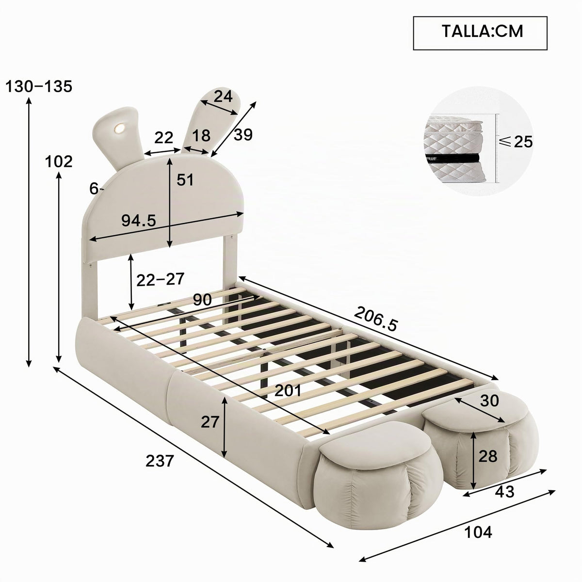 Soweiz Cama tapizada, cama individual, con orejas de conejo y tiras de luz de color cálido con brillo ajustable, con dos cajones de almacenamiento, cama infantil con somier de madera, terciopelo