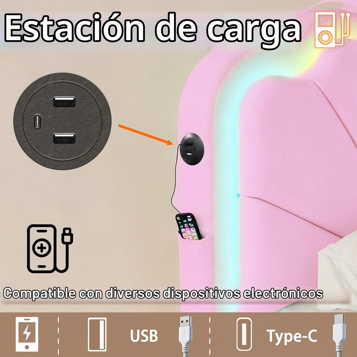 Armazón de Cama de Cuero 140x200cm con luz LED, Blanco