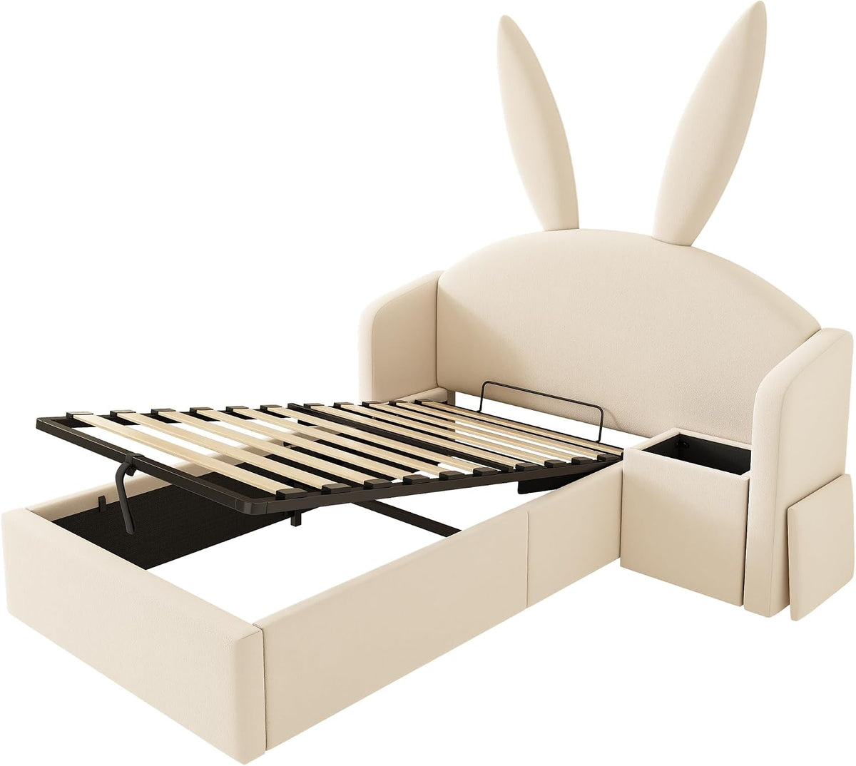 Kebnor Cama tapizada de terciopelo, orejas de conejo, cabecero con espacio de almacenamiento y mesita de noche, cama juvenil de diseño (sin colchón) (beis, 90 x 190 cm)