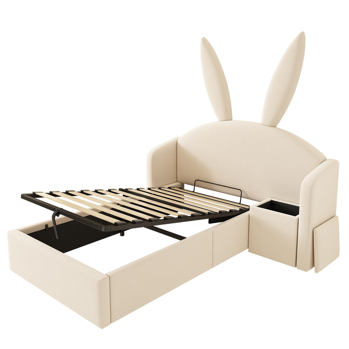 Kebnor Cama tapizada de terciopelo, orejas de conejo, cabecero con espacio de almacenamiento y mesita de noche, cama juvenil de diseño (sin colchón) (beis, 90 x 190 cm)