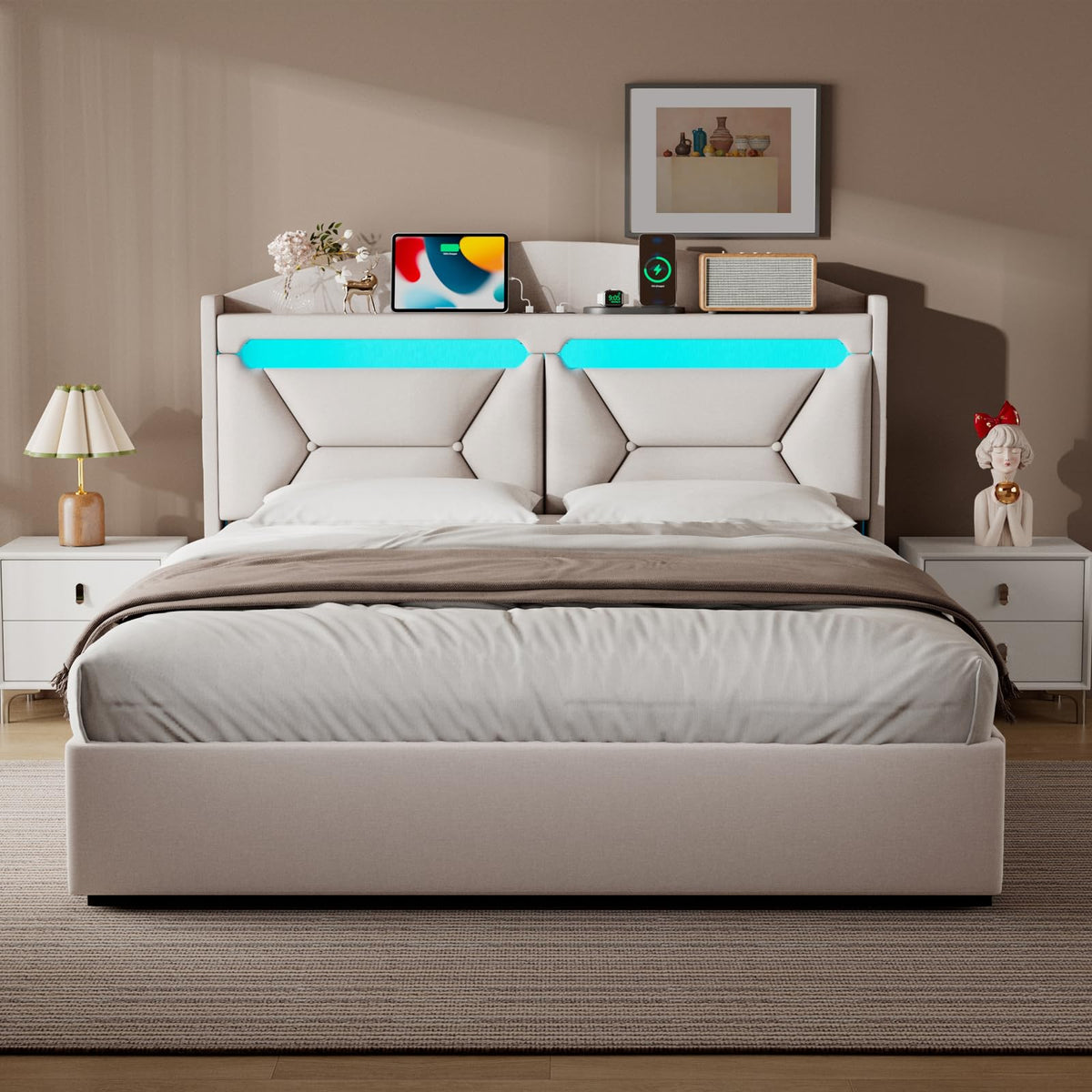 Cama 90x200 cm con Almacenamiento, Cama Individual con LED, Puertos USB y Type-C, Somier 90x200 Hidráulico, Camas Juveniles Camas Infantiles con Cabecero, Lino, Beige, Colchón No Incluido