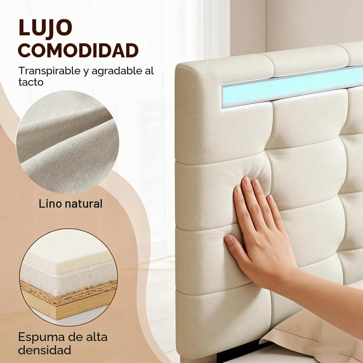 BRILVERDE Cama Tapizada 160x200 con Almacenamiento, Cama matrimonial con cajones, Cama Nido con LED, Cabecero Acolchado y Base de Láminas, Terciopelo (Beige, 160 x 200 cm)