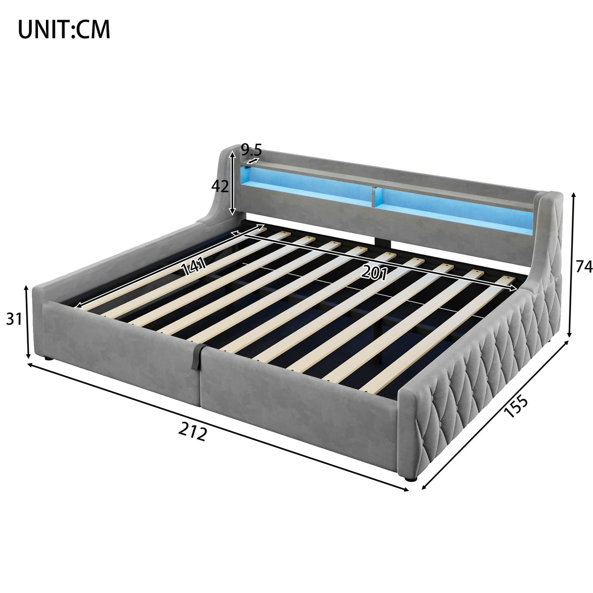 Cama con plataforma de terciopelo 90 x 200 cm, con espacio de almacenamiento hidráulico e iluminación LED (color crema, 90 x 200 cm)