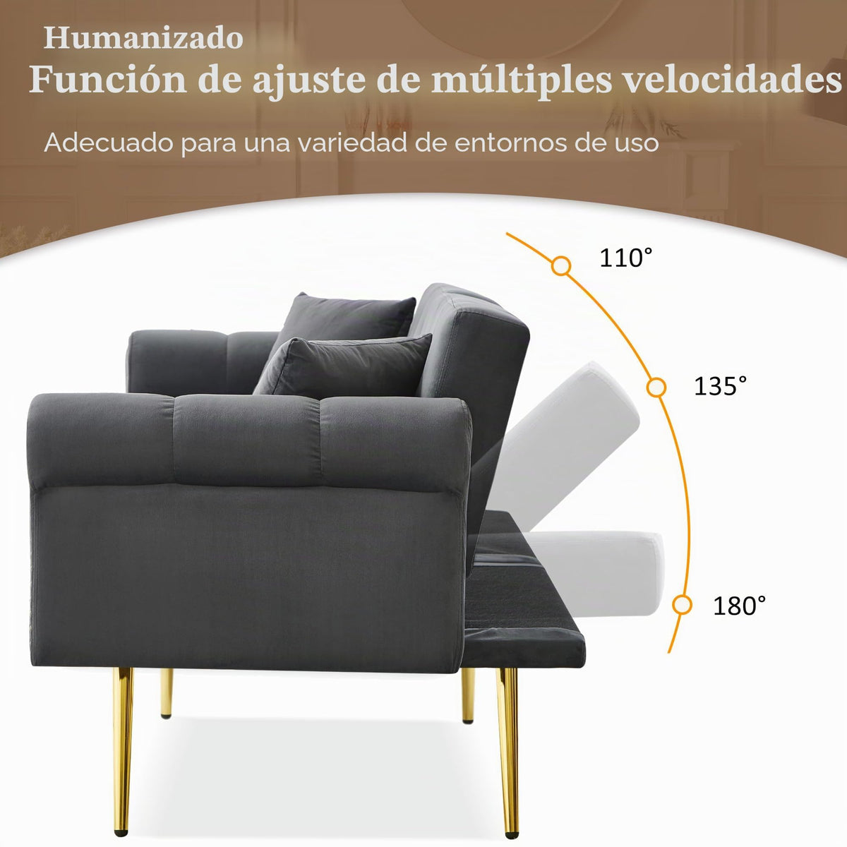 Sofá cama con esquinas ajustables, patas doradas, almohadas y bolsillos laterales para almacenamiento (Bavia)