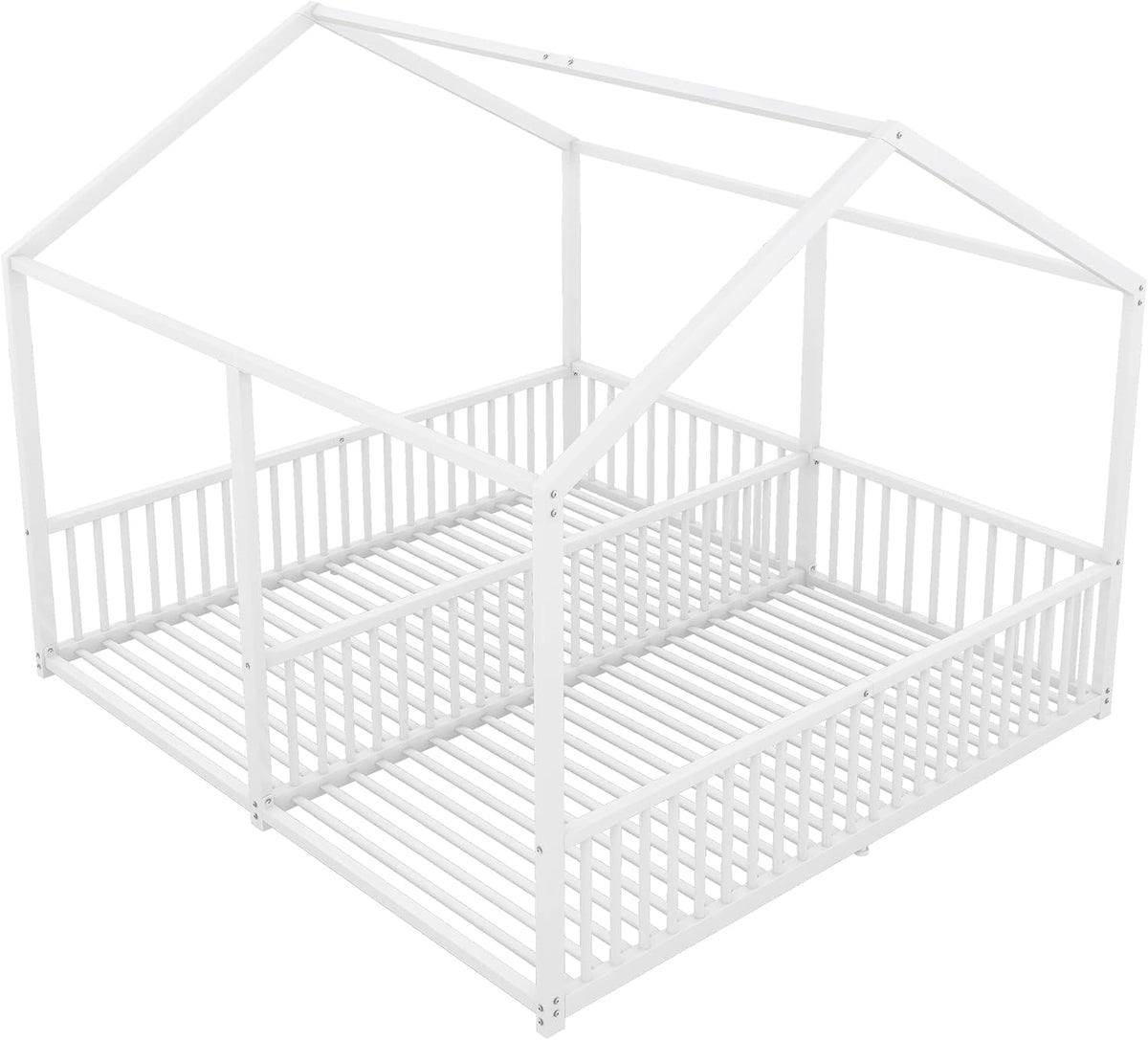 Cama infantil de 90 x 200 cm, dos camas de 90 cm con protección anticaídas, cama doble con modelado de casa, marco de hierro, color blanco, ideal para 2 niños
