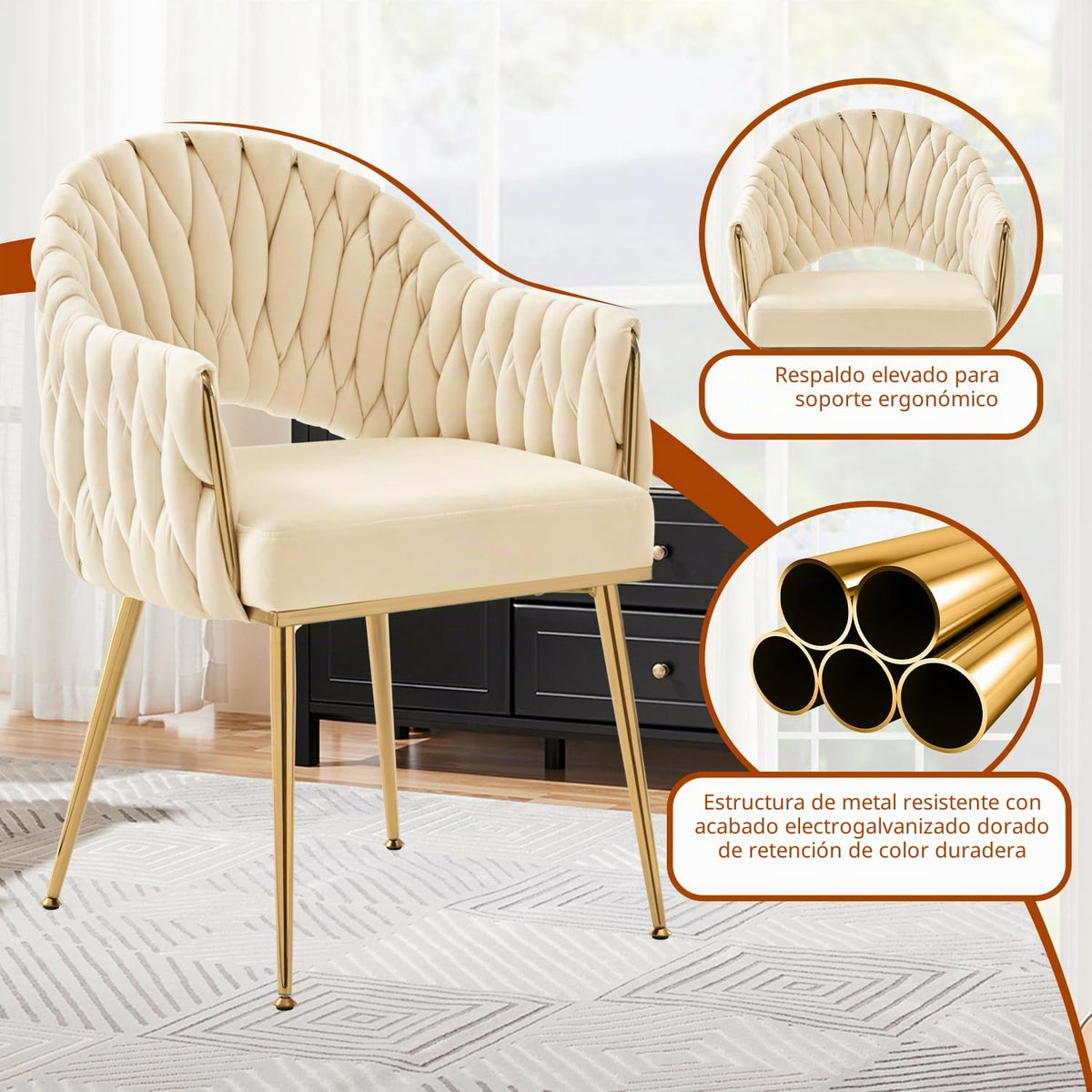 Juego de 4 sillas de comedor de terciopelo, sillones de salón, sillas de comedor con reposabrazos, sillas de cocina con respaldo alto trenzado a mano, silla de tocador con patas doradas