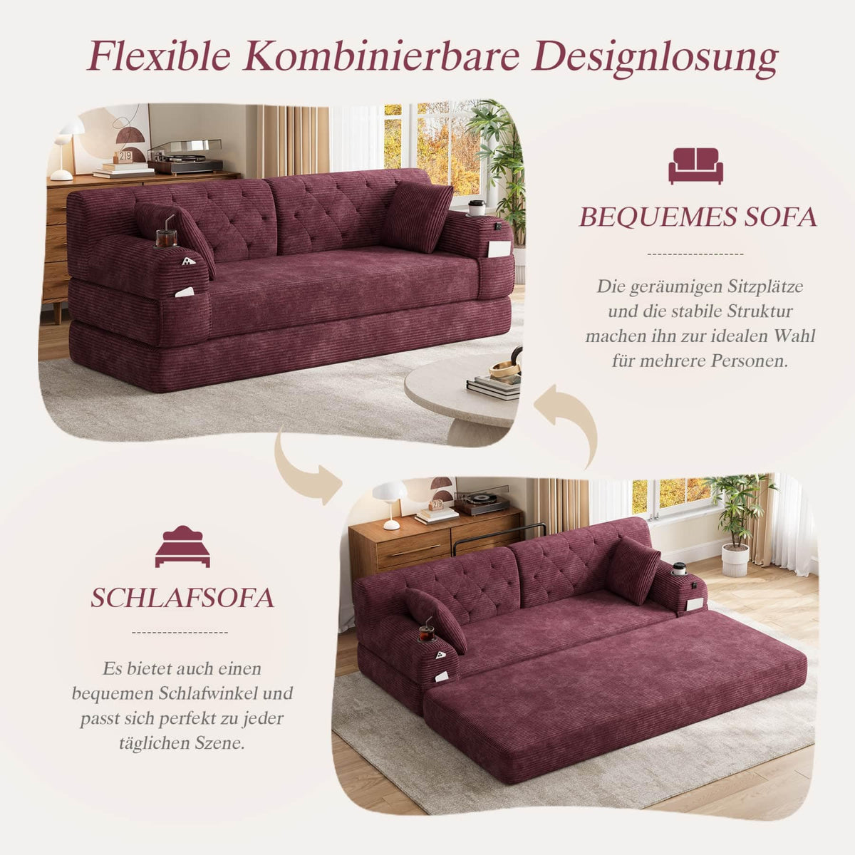 YEHTOKHOME - Sofá de Velor acanalado con respaldo alto y estructura metálica, sofá moderno de 2 plazas con 2 portavasos y 4 bolsillos laterales, para salón, dormitorio (Beige)
