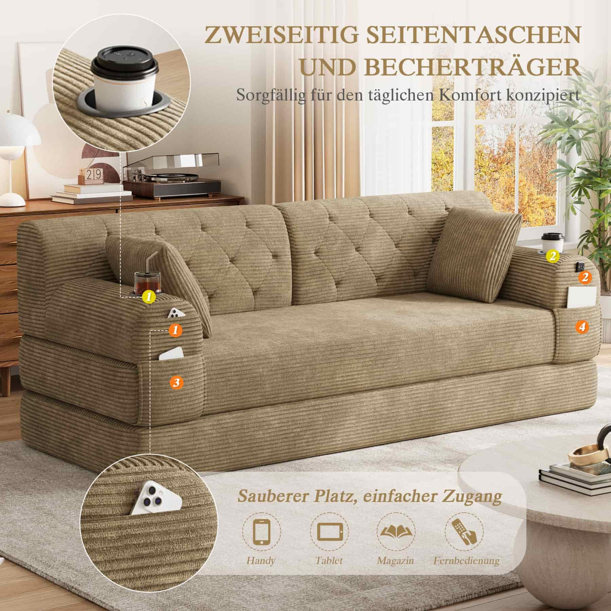 YEHTOKHOME - Sofá de Velor acanalado con respaldo alto y estructura metálica, sofá moderno de 2 plazas con 2 portavasos y 4 bolsillos laterales, para salón, dormitorio (Beige)