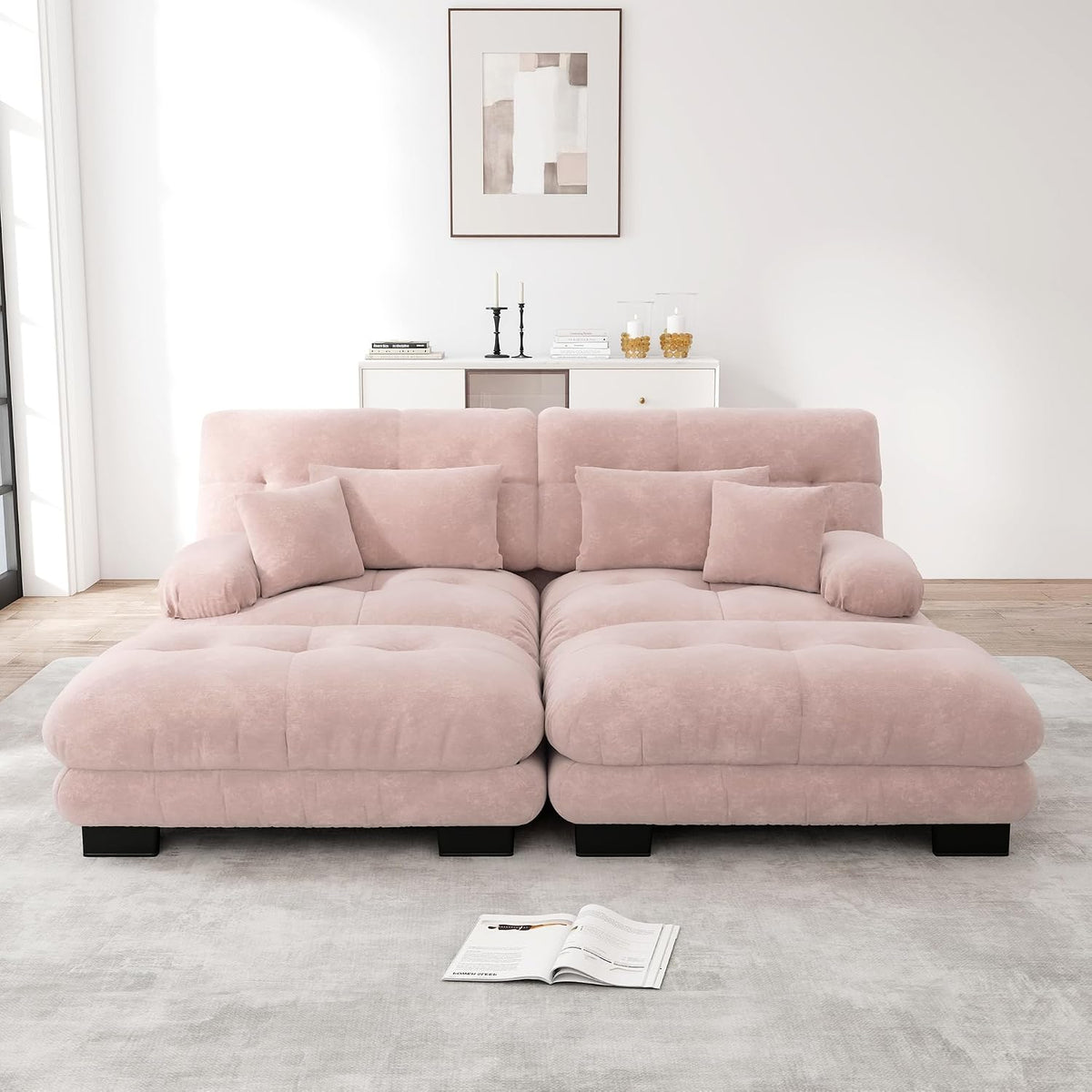 Sofá esquinero de chenilla nublado para salón, sofá doble con reposabrazos anchos, 2 cojines lumbares, 2 cojines decorativos y 2 otomanas, 220 x 140 x 81 cm (rosa)