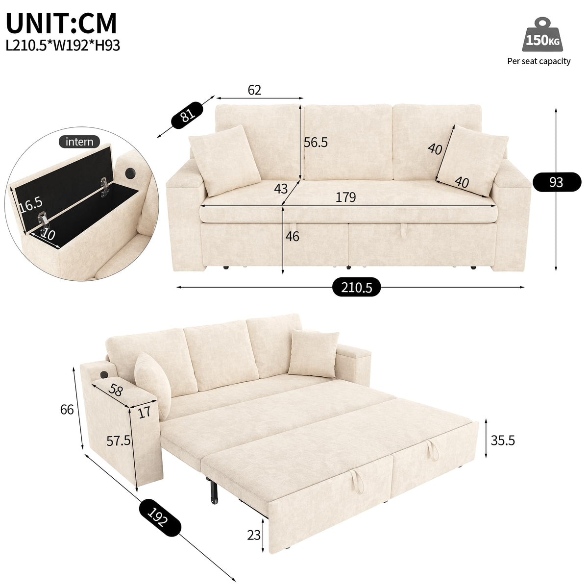 Sofá cama de 210 cm, multifuncional, 3 plazas, con función de dormir, sofá cama extensible, sofá con espacio de almacenamiento, reposabrazos y puerto de carga USB, para salón y dormitorio, color