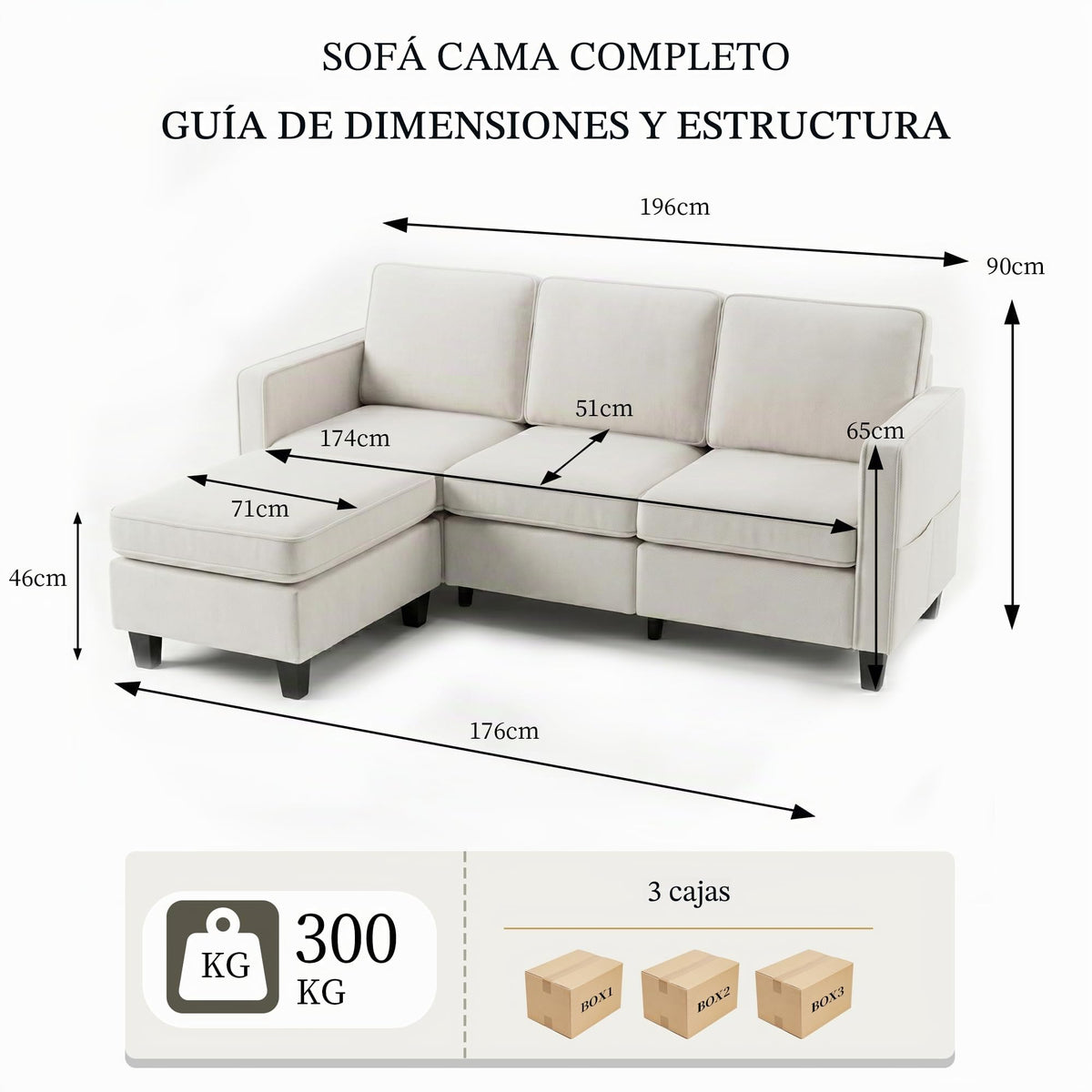 Sofá de 3 plazas con taburete, sofá flexible en forma de L como sofá esquinero, funda de tela suave con acolchado de espuma de alta densidad, sofá de salón para sala de estar, dormitorio, oficina y