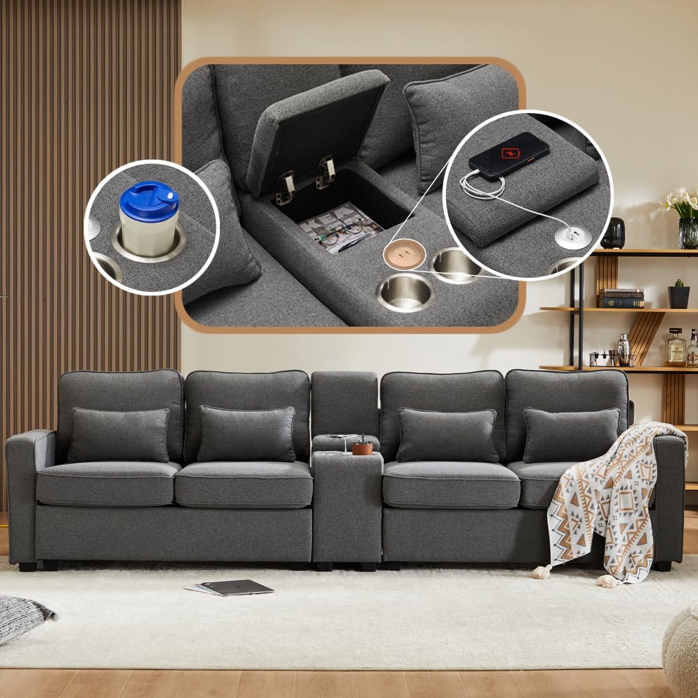 Lubvtti Sofá moderno de 4 plazas con bolsillos para reposabrazos y 4 cojines, con consola, 2 portavasos y 2 enchufes USB, de lino, adecuado para muchas ocasiones (Dark Gris+USB)