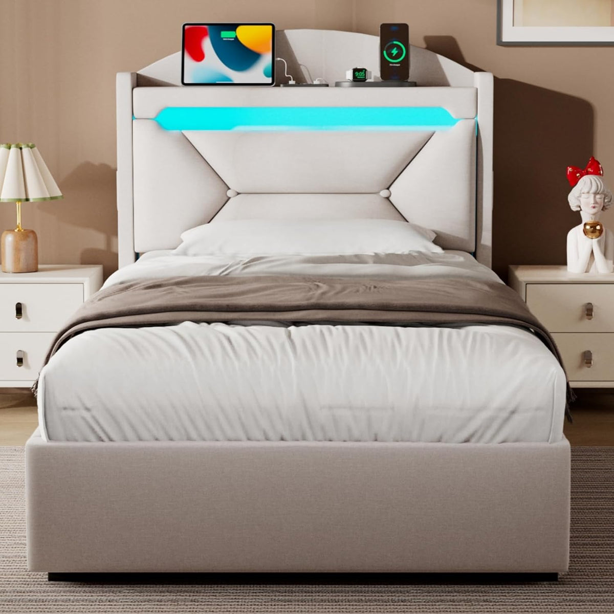 Cama 90x200 cm con Almacenamiento, Cama Individual con LED, Puertos USB y Type-C, Somier 90x200 Hidráulico, Camas Juveniles Camas Infantiles con Cabecero, Lino, Beige, Colchón No Incluido