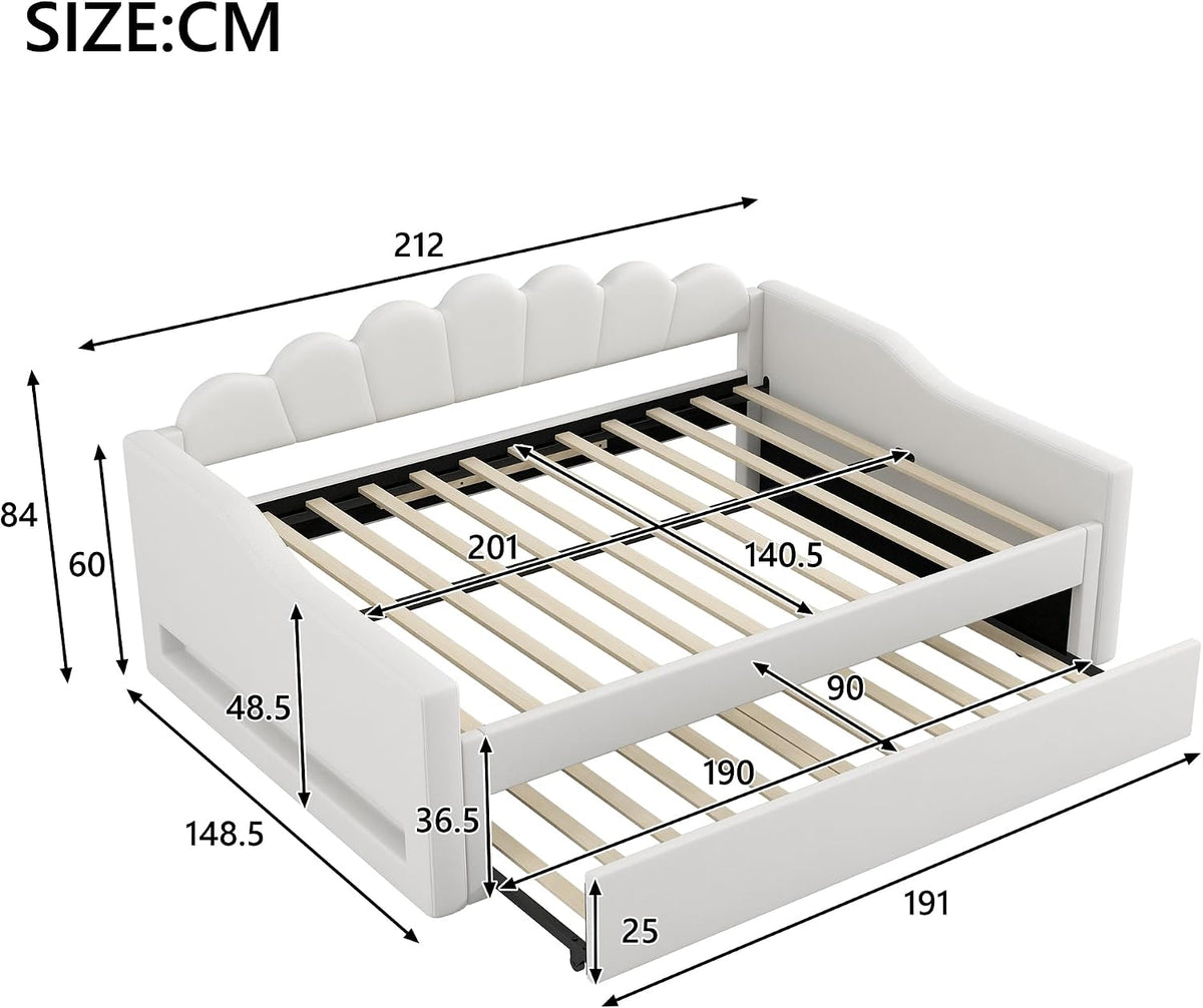 Cama acolchada de 140 x 200 cm con cinturón LED y cama nido (beige)