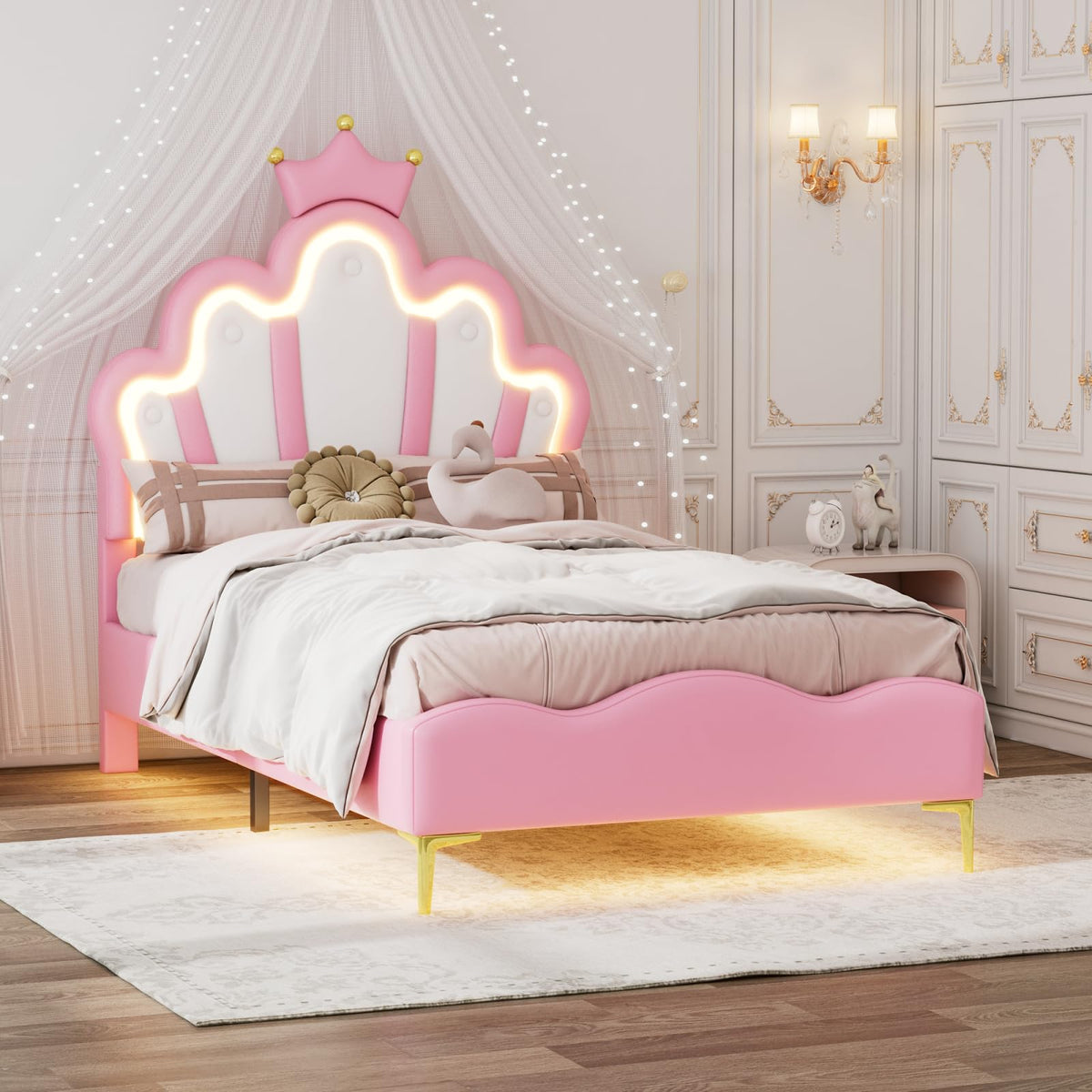 Cama Infantil tapizada 140 x 200 cm con LED, Cama tapizada para niños 140 x 200 con cabecera Ajustable Marco de Camas, Camas de Princesa para Niña en Forma de Corona con Somier(Rosa, 140 x 200)