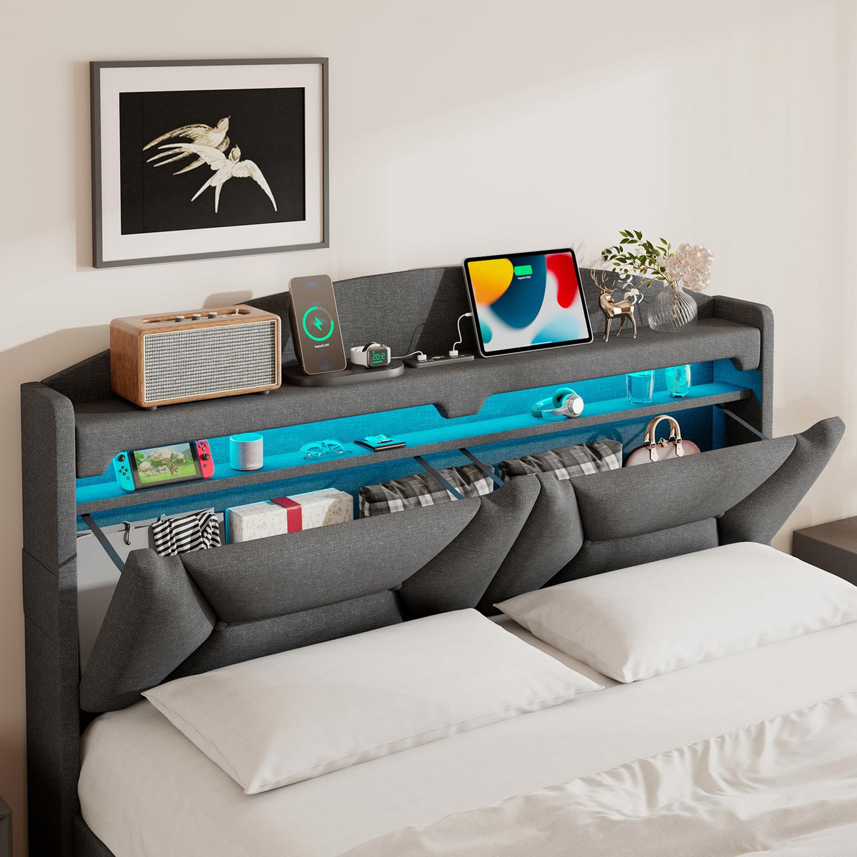 Cama 90x200 cm con Almacenamiento, Cama Individual con LED, Puertos USB y Type-C, Somier 90x200 Hidráulico, Camas Juveniles Camas Infantiles con Cabecero, Lino, Beige, Colchón No Incluido