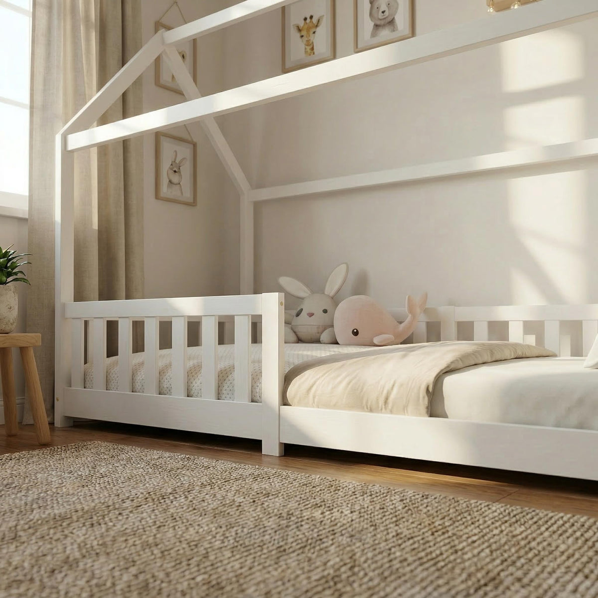 ecomi® Cama Infantil con Protección Anticaídas, Blanco, 80x160 cm
