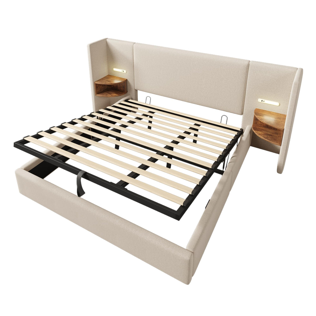 Camas Matrimoniales 160x200 con Cabecero Extendido y Espacio de Almacenaje Hidráulica, Cama Matrimonio con Lámpara de Lectura, Cama Doble con Puerto USB y Tipo C, Lino, Gris, Sin Colchón