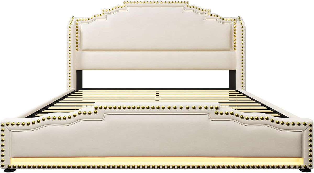 Cama tapizada de 160 x 200 cm, cama doble con 4 cajones, iluminación LED y puerto de carga USB-C, cama de almacenamiento y cama juvenil con somier, terciopelo, beige, sin colchón