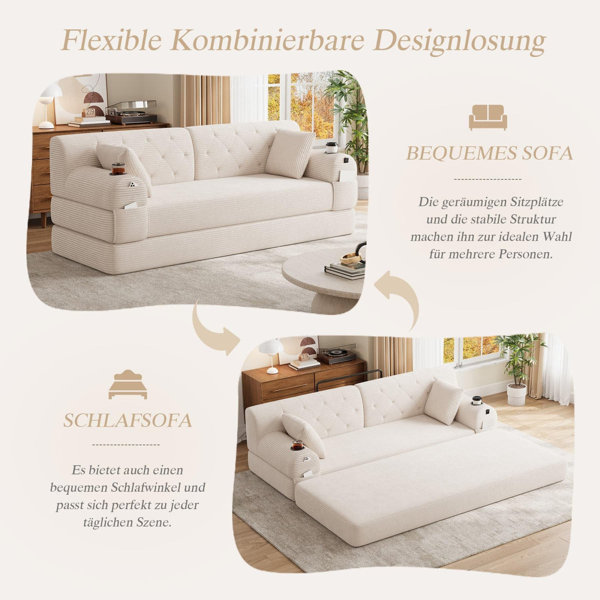 YEHTOKHOME - Sofá de Velor acanalado con respaldo alto y estructura metálica, sofá moderno de 2 plazas con 2 portavasos y 4 bolsillos laterales, para salón, dormitorio (Beige)