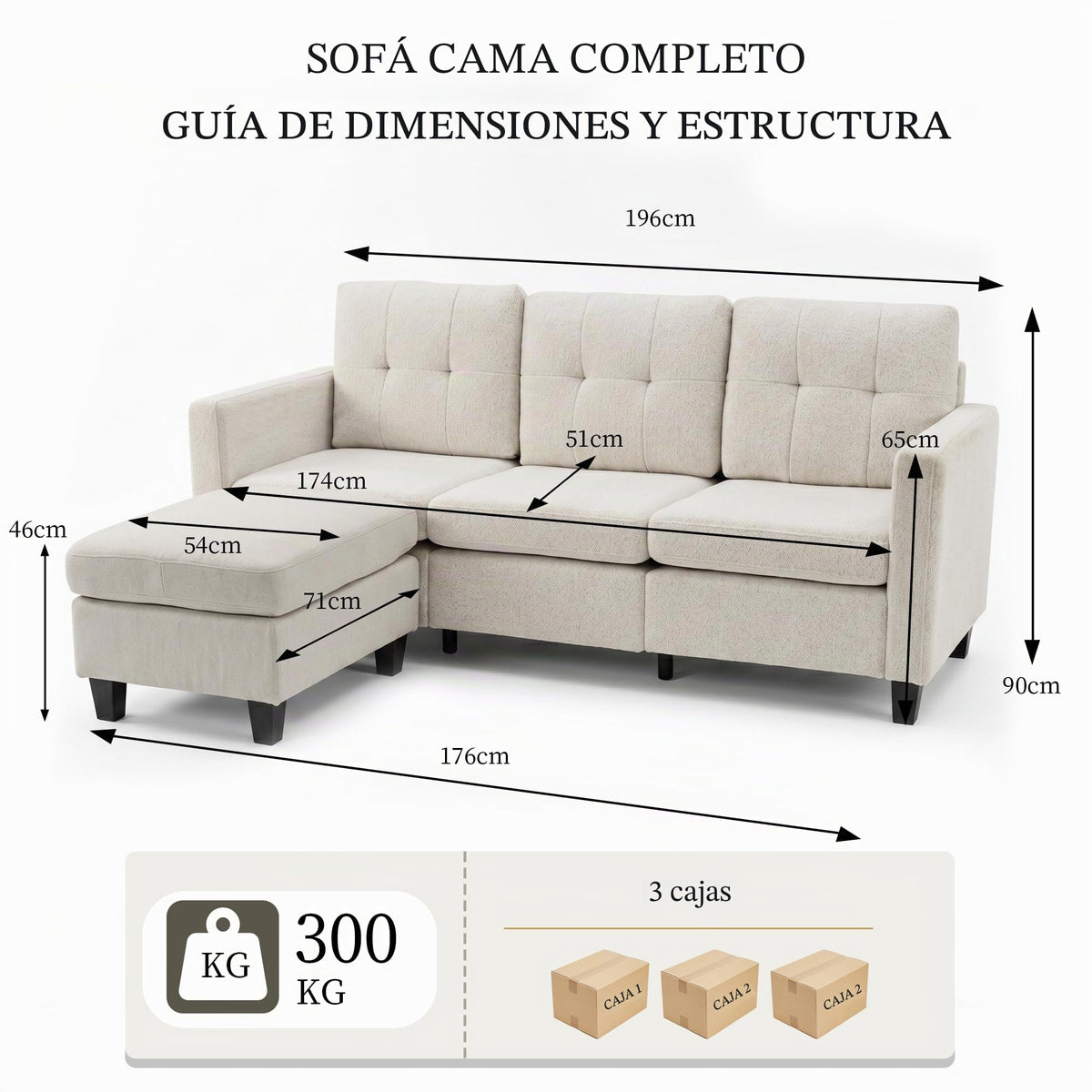 Sofá de 3 plazas con taburete, sofá flexible en forma de L como sofá esquinero, funda de tela suave con acolchado de espuma de alta densidad, sofá de salón para sala de estar, dormitorio, oficina y