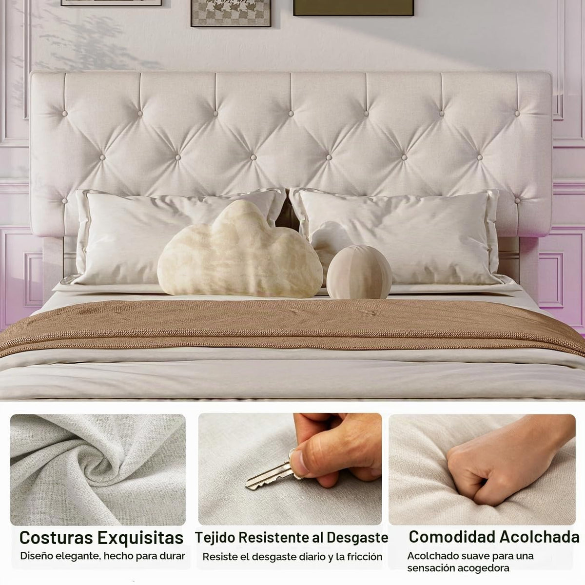 BRILVERDE Cama Tapizada 160x200 con Almacenamiento hidráulico, Cama matrimonial con lámpara de mesita, Cabecero Acolchado y Base de Láminas, Terciopelo (Beige, 160 x 200 cm)