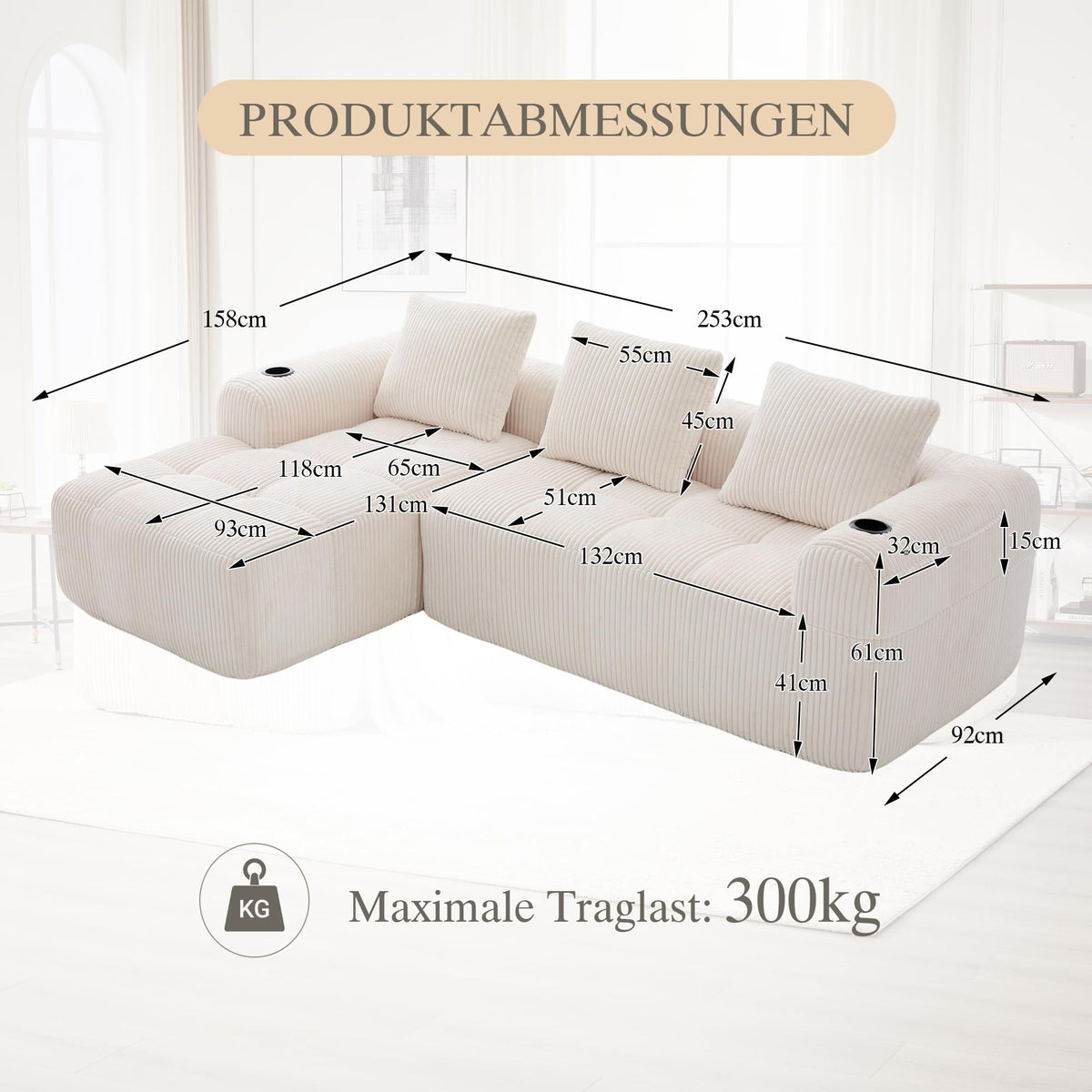 Dolamaní Sofá compacto de 3 plazas de pana con 3 cojines, sofá esquinero en forma de L con función de dormir, suave y modular, asiento extraprofundo, sin montaje, para salón (gris oscuro)