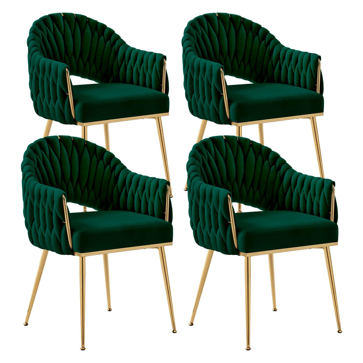 Juego de 4 sillas de comedor de terciopelo, sillones de salón, sillas de comedor con reposabrazos, sillas de cocina con respaldo alto trenzado a mano, silla de tocador con patas doradas