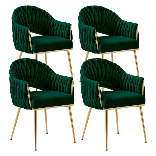 Juego de 4 sillas de comedor de terciopelo, sillones de salón, sillas de comedor con reposabrazos, sillas de cocina con respaldo alto trenzado a mano, silla de tocador con patas doradas