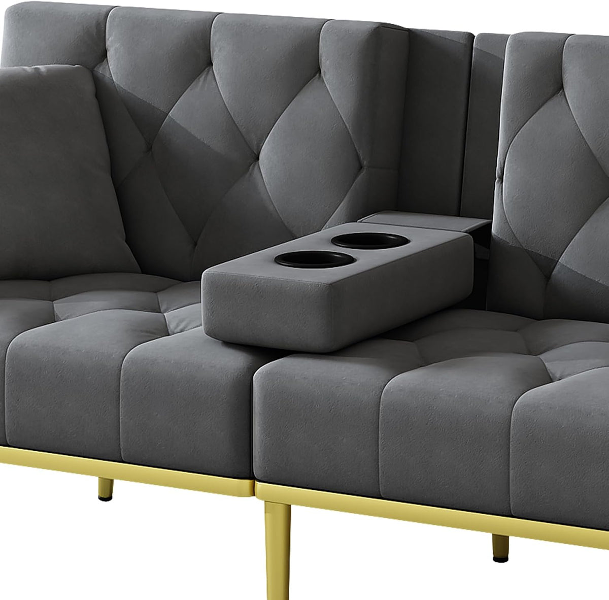 Azkoeesy Sofá cama de 2 plazas con soporte para bebidas, 175 cm, sofá cama con función de dormir, respaldo ajustable en 3 posiciones, patas metálicas doradas y remaches, para sala de estar y cine en