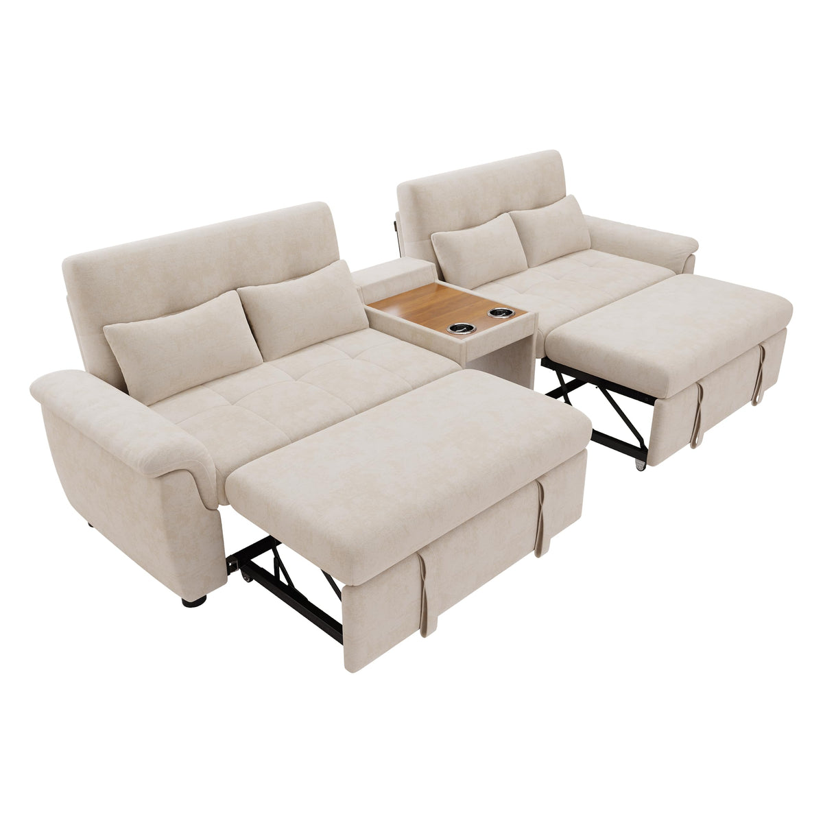 LAKFEW Sofa Cama con Cama Extensible y Taburete Almacenaje, Sofa Rinconera con USB, Lámpara de Lectura, Mesa Plegable con 2 Posavasos, 205x205x85 cm, Gris