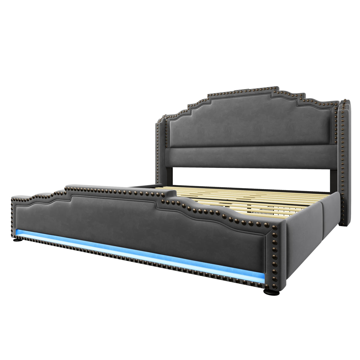 Cama tapizada de 160 x 200 cm, cama doble con 4 cajones, iluminación LED y puerto de carga USB-C, cama de almacenamiento y cama juvenil con somier, terciopelo, beige, sin colchón