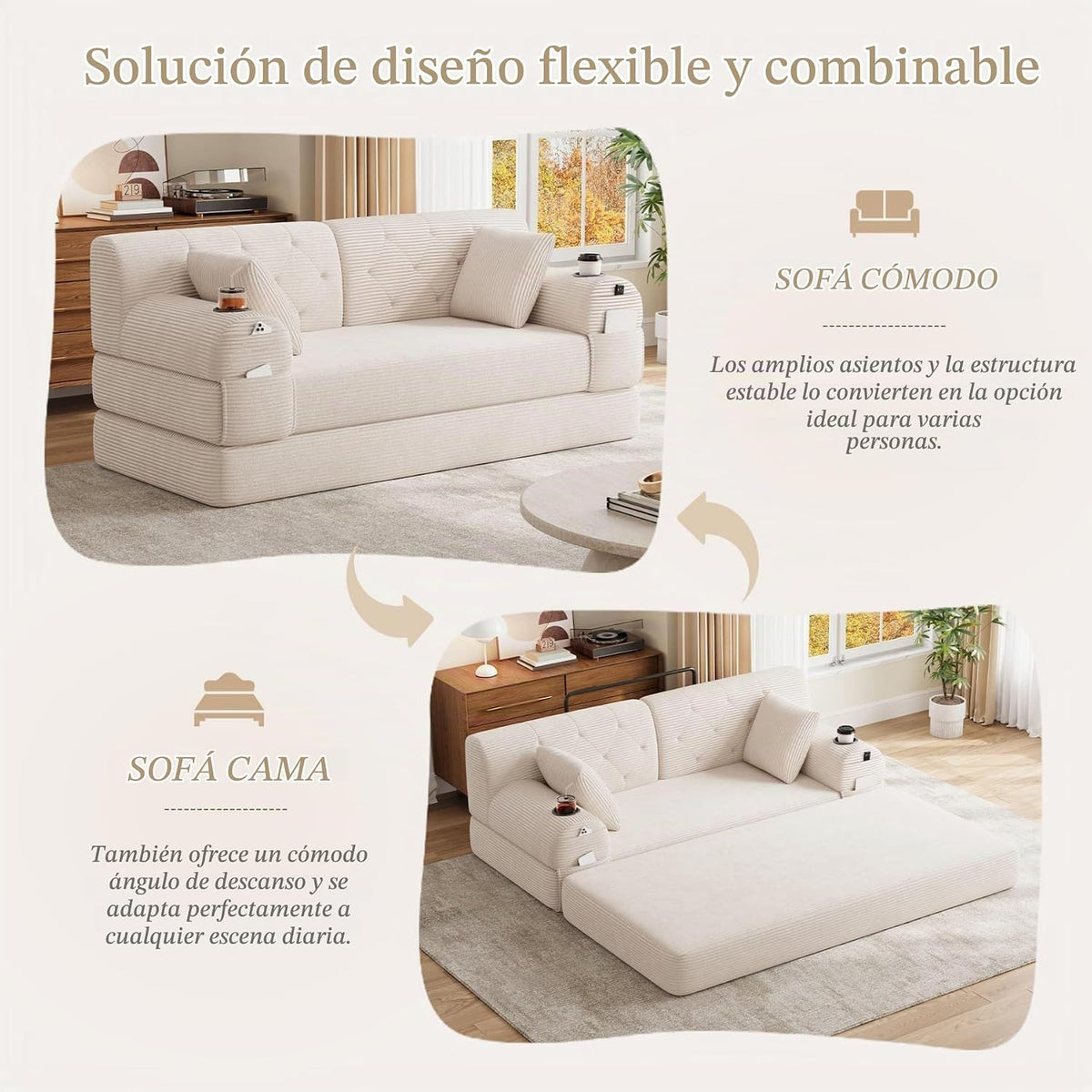 YEHTOKHOME - Sofá de Velor acanalado con respaldo alto y estructura metálica, sofá moderno de 2 plazas con 2 portavasos y 4 bolsillos laterales, para salón, dormitorio (Beige)