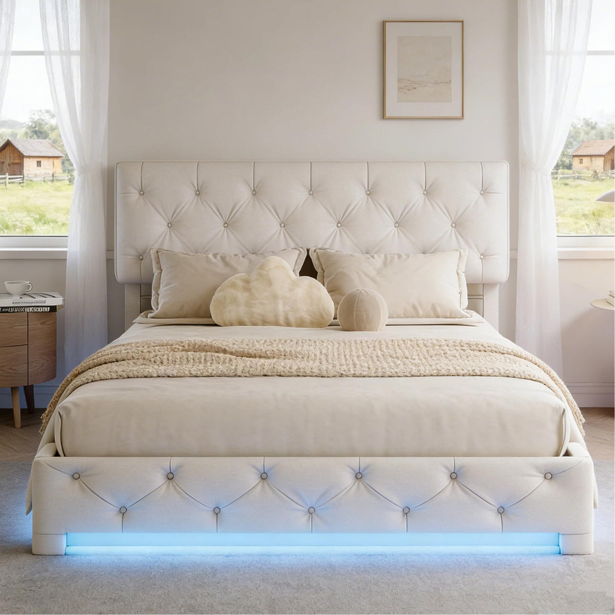 BRILVERDE Cama Tapizada 160x200 con Almacenamiento hidráulico, Cama matrimonial con lámpara de mesita, Cabecero Acolchado y Base de Láminas, Terciopelo (Beige, 160 x 200 cm)