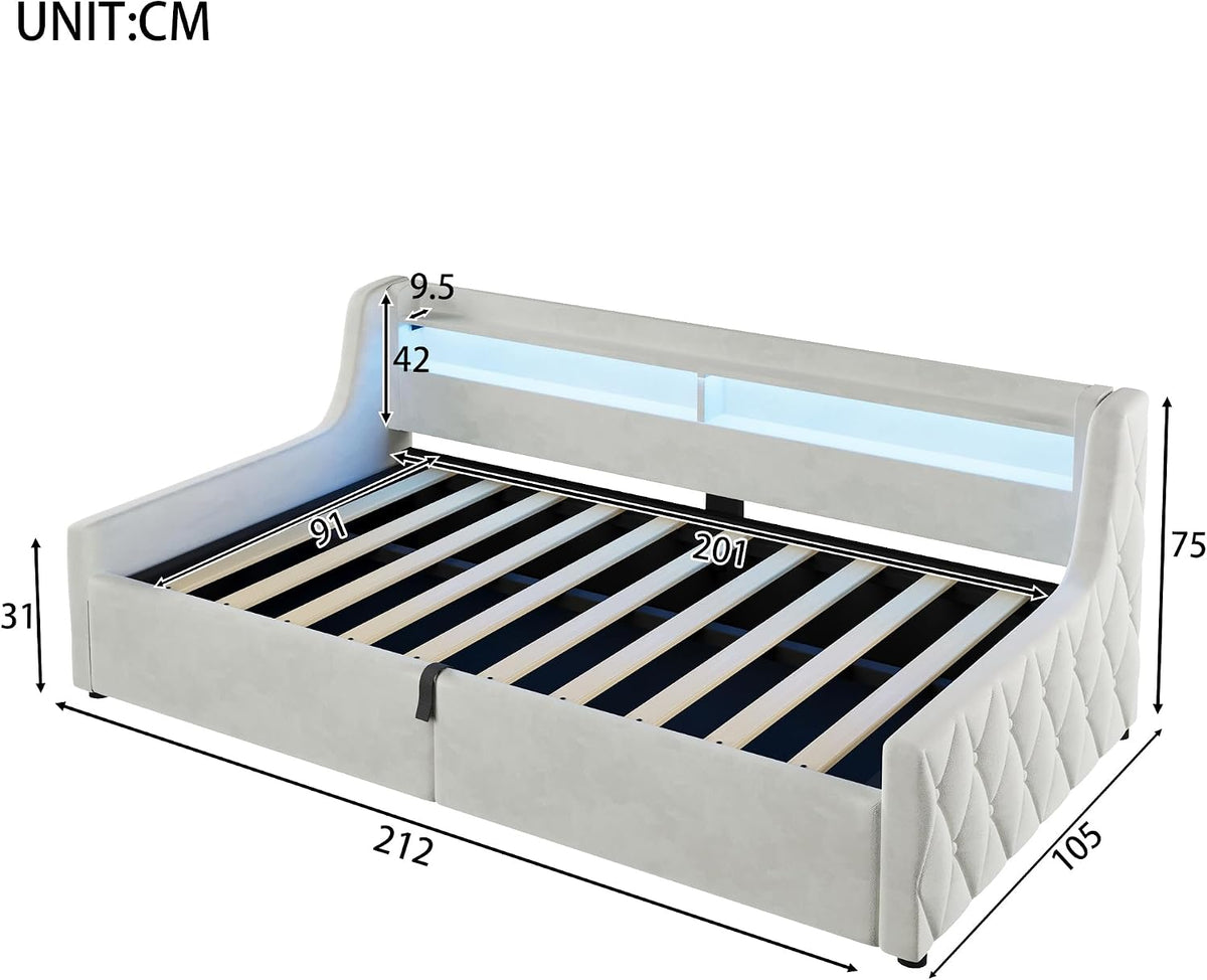 Cama con plataforma de terciopelo 90 x 200 cm, con espacio de almacenamiento hidráulico e iluminación LED (color crema, 90 x 200 cm)