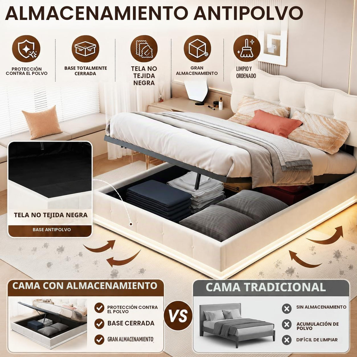 BRILVERDE Cama Tapizada 140x200 con Almacenamiento hidráulico, Cama matrimonial con Toma USB y luz LED, Cabecero Acolchado y Base de Láminas, Terciopelo (Beige, 140 x 200 cm)