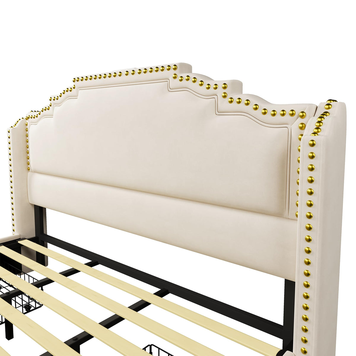 Cama tapizada de 160 x 200 cm, cama doble con 4 cajones, iluminación LED y puerto de carga USB-C, cama de almacenamiento y cama juvenil con somier, terciopelo, beige, sin colchón