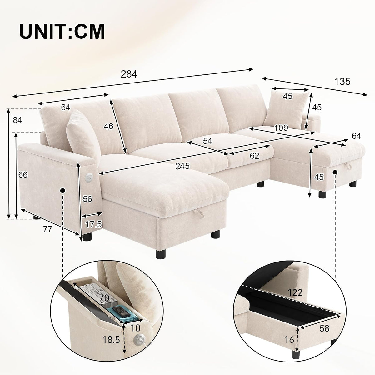 Sofá moderno de chenilla en forma de U con chaise longue, sofá esquinero de 4 plazas con espacio de almacenamiento, puerto USB y tipo C, modular, con soporte para bebidas y cojines suaves