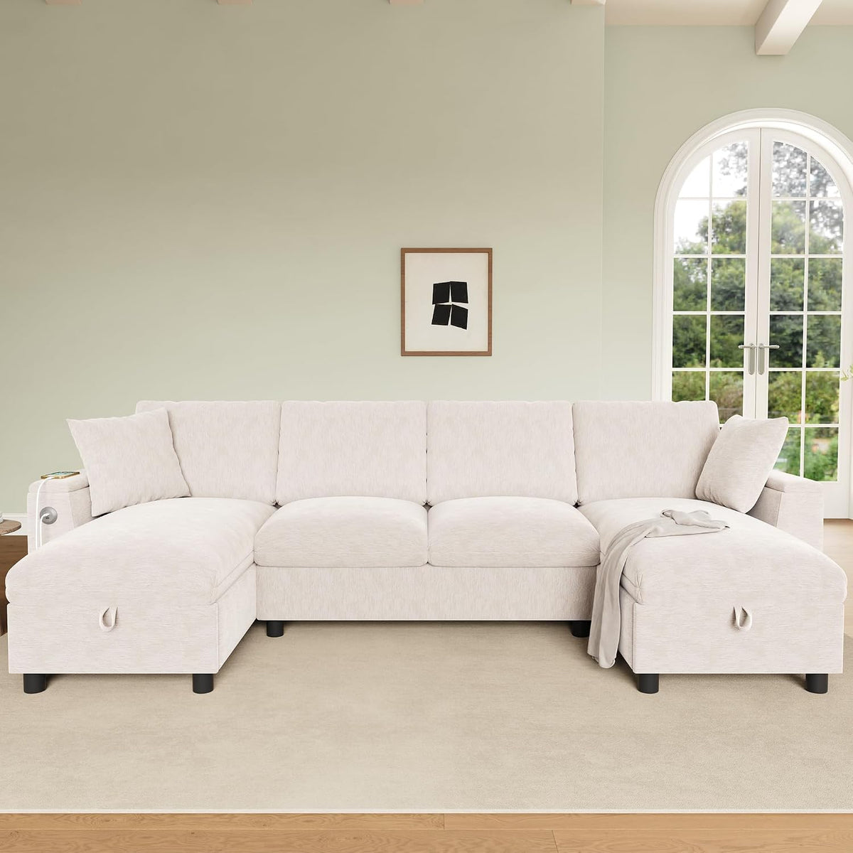 Sofá moderno de chenilla en forma de U con chaise longue, sofá esquinero de 4 plazas con espacio de almacenamiento, puerto USB y tipo C, modular, con soporte para bebidas y cojines suaves
