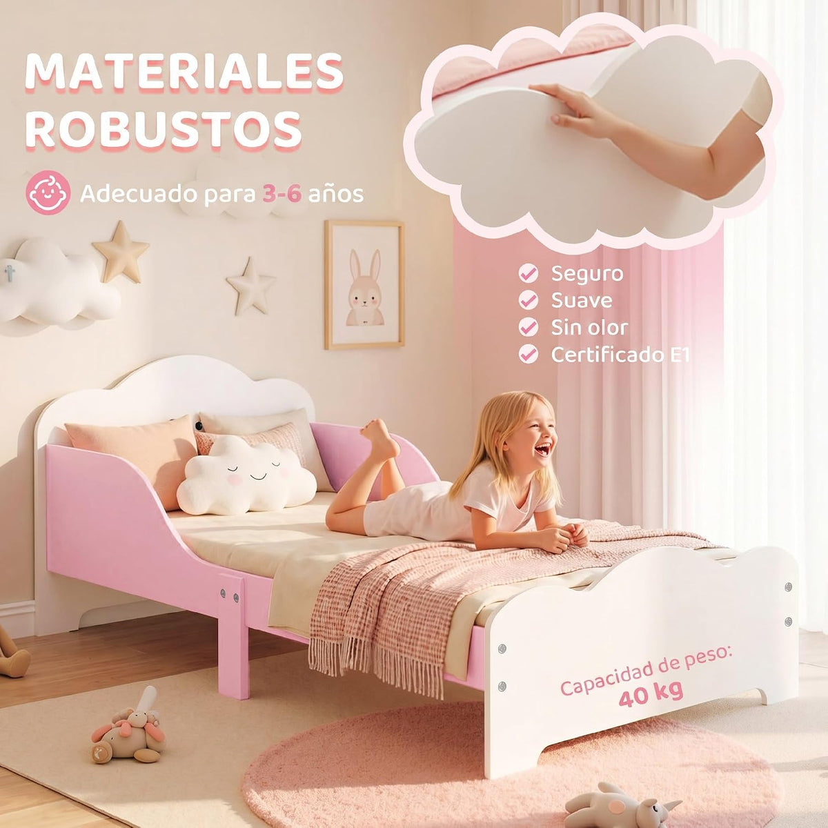 AIYAPLAY Cama Infantil Montessori con Barandillas Altas 70x140 cm Rosa