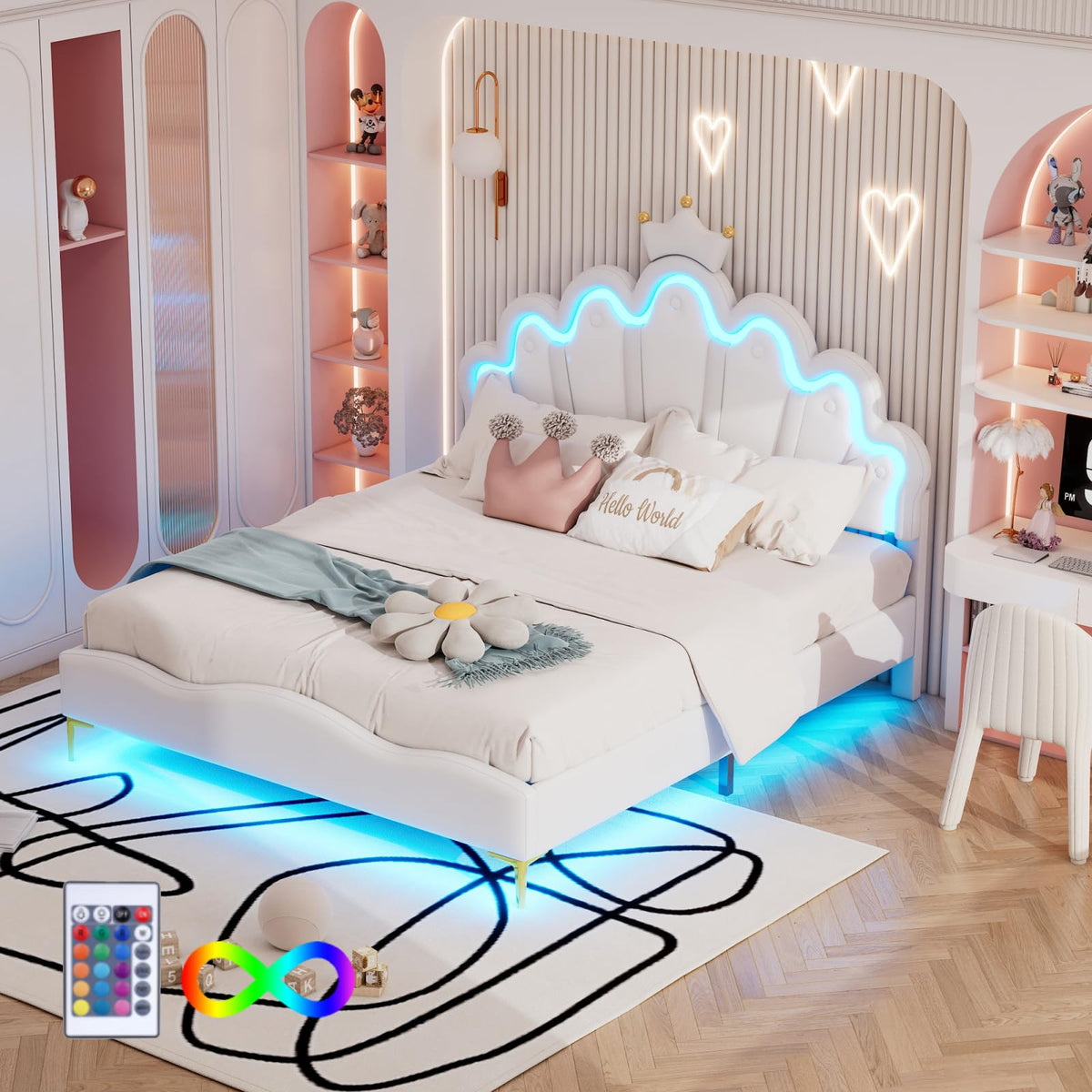 Cama Infantil tapizada 140 x 200 cm con LED, Cama tapizada para niños 140 x 200 con cabecera Ajustable Marco de Camas, Camas de Princesa para Niña en Forma de Corona con Somier(Rosa, 140 x 200)